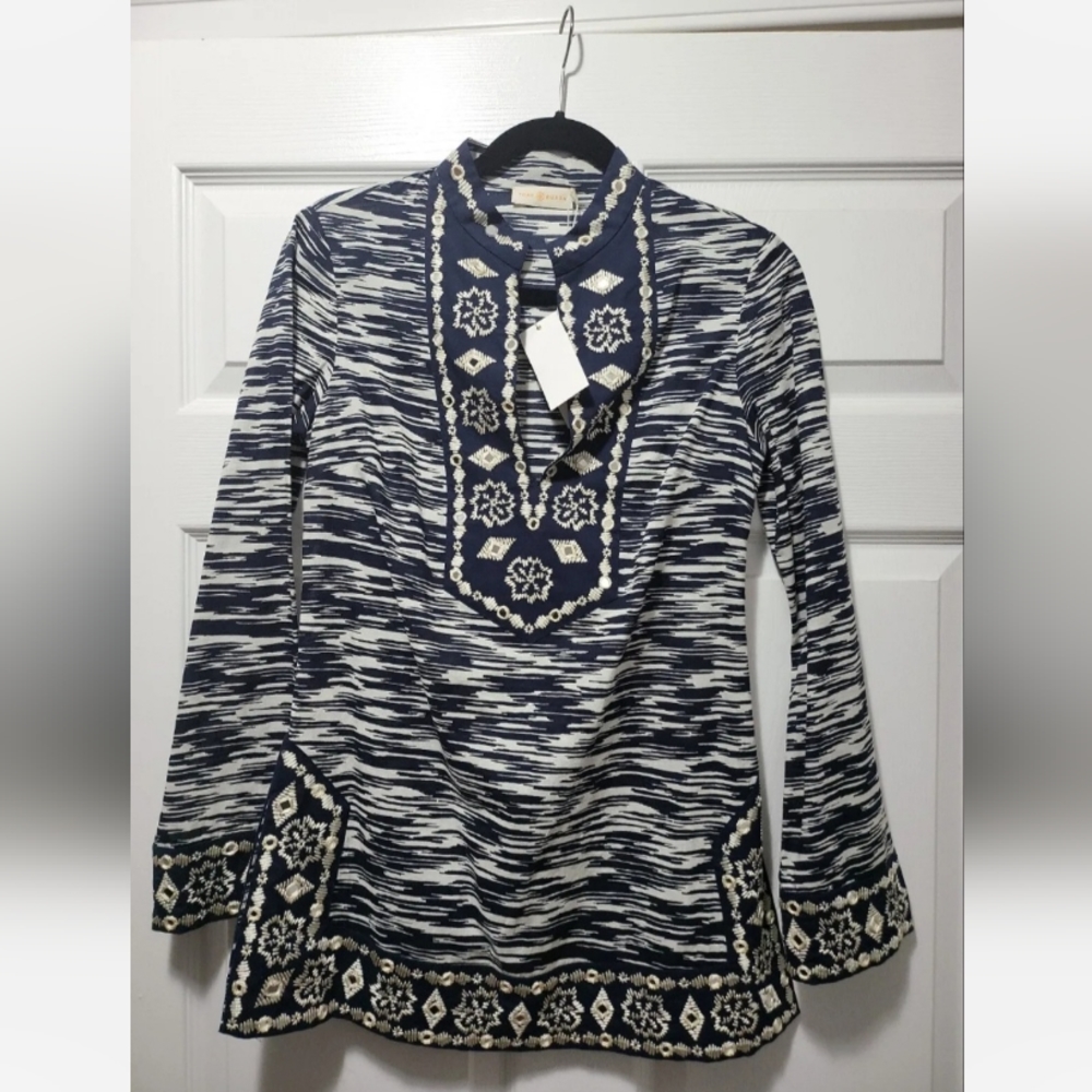Tory Burch Navy Space DYE with Mirror Embellishement Tunic. Size 2. BRAND NEW.